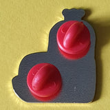 Hot Dog photo- shows back of badge with two red rubber clutches